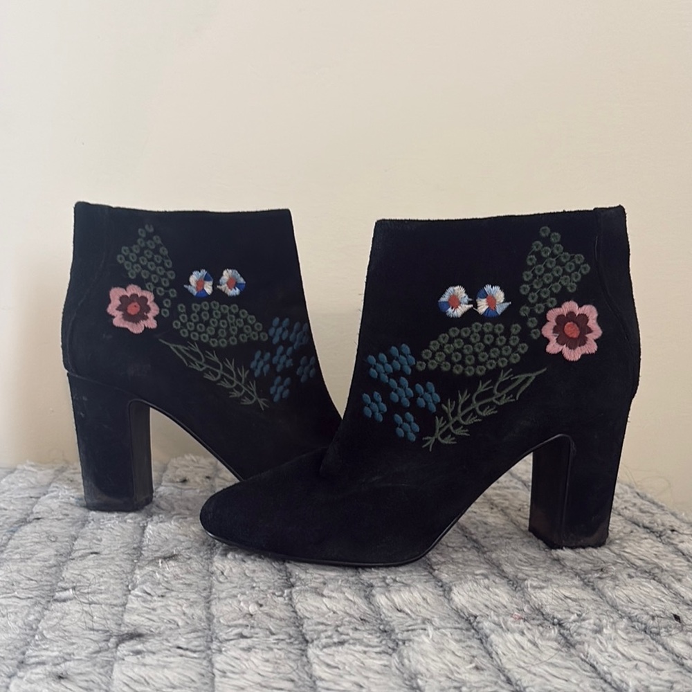 Nanette Lepore Black Ankle Booties with Floral Embroidery